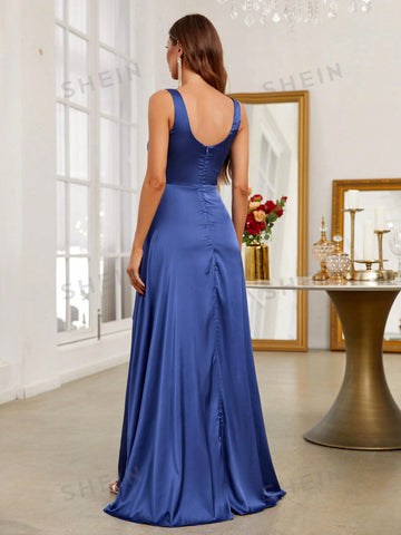 Ruffle Trim Split Satin Bridesmaid Dress