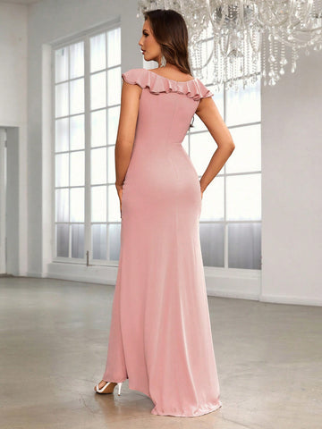 Ruffle Trim Split Thigh Bridesmaid Dress