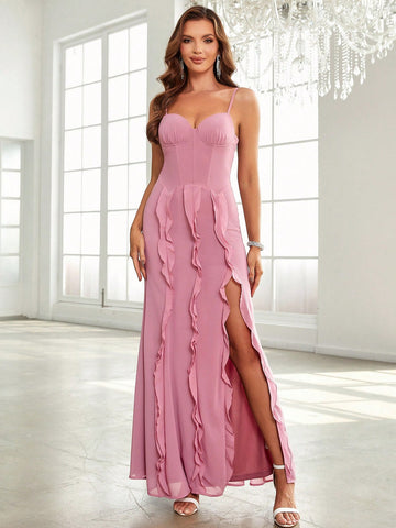 Ruffle Trim Split Thigh Chiffon Bridesmaid Dress