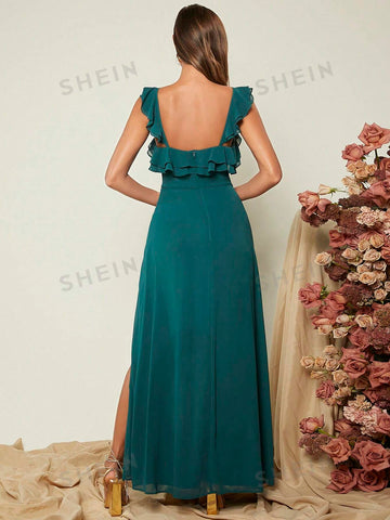 Ruffle Trim Split Thigh Chiffon Dress