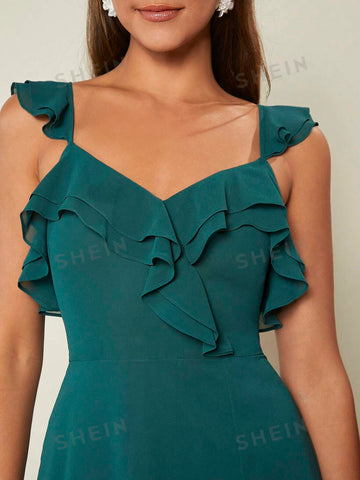 Ruffle Trim Split Thigh Chiffon Dress