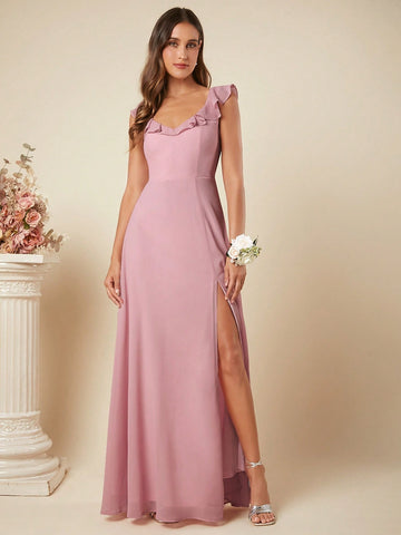 Belle Ruffle Trim Split Thigh Chiffon Maxi Dress