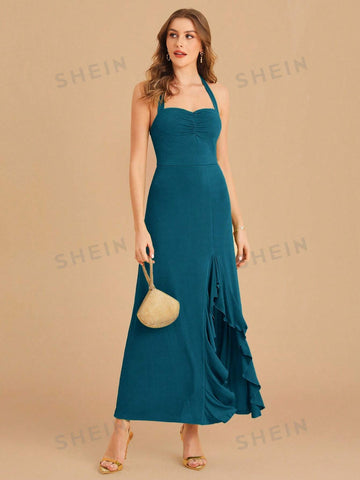 Ruffle Trim Split Thigh Halter Bridesmaid Dress