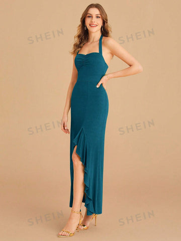 Ruffle Trim Split Thigh Halter Bridesmaid Dress