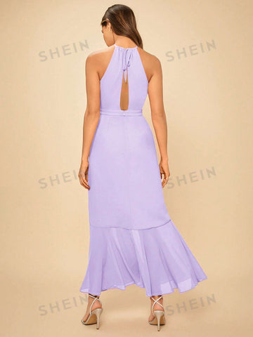 Ruffle Trim Split Thigh Halter Neck Bridesmaid Dress