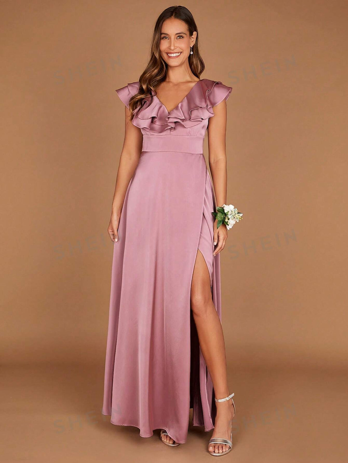 Ruffle Trim Split Thigh Satin Bridesmaid Dress