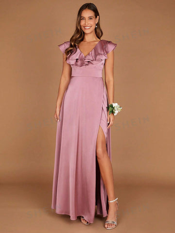 Ruffle Trim Split Thigh Satin Bridesmaid Dress