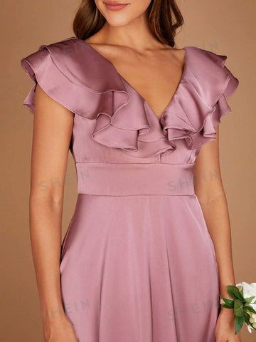 Ruffle Trim Split Thigh Satin Bridesmaid Dress