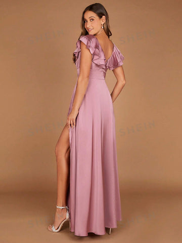 Ruffle Trim Split Thigh Satin Bridesmaid Dress