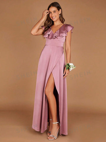 Ruffle Trim Split Thigh Satin Bridesmaid Dress