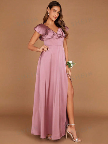 Ruffle Trim Split Thigh Satin Bridesmaid Dress