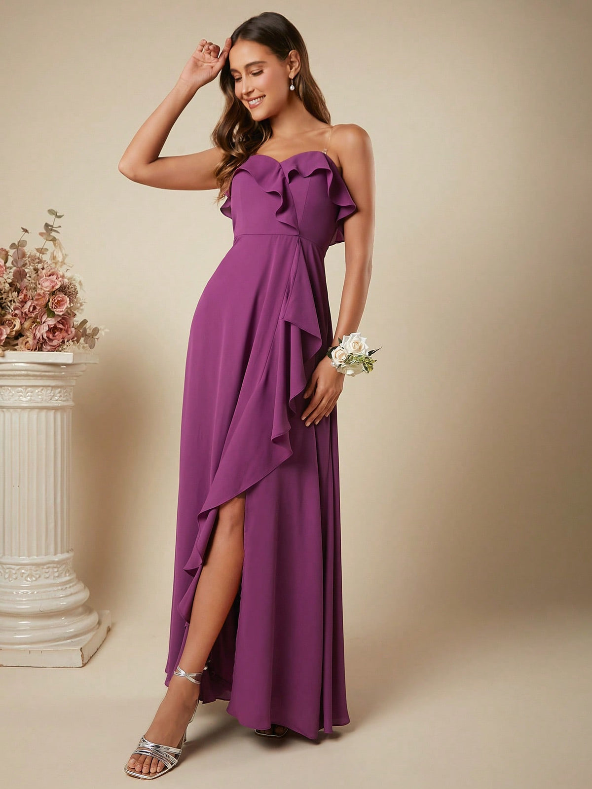 Ruffle Trim Wrap Hem Bridesmaid Dress