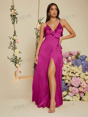 Ruffle Trim Wrap Knot Side Satin Cami Bridesmaid Dress