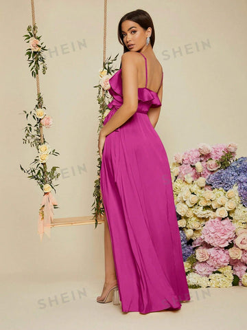 Ruffle Trim Wrap Knot Side Satin Cami Bridesmaid Dress