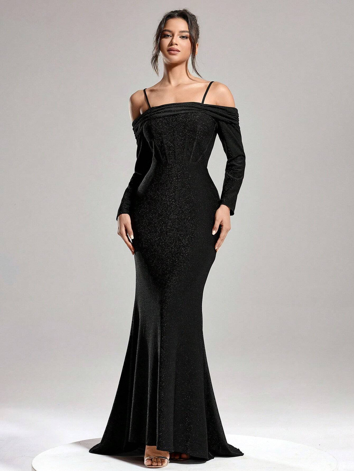 Autumn And Winter Banquet Party Fashion Slim Women's One-Shoulder Shiny Fishbone Super Large Skirt Black Dress, Women's Formal Evening Dress