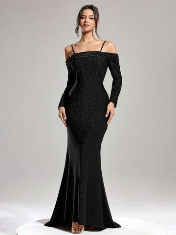 Autumn And Winter Banquet Party Fashion Slim Women's One-Shoulder Shiny Fishbone Super Large Skirt Black Dress, Women's Formal Evening Dress