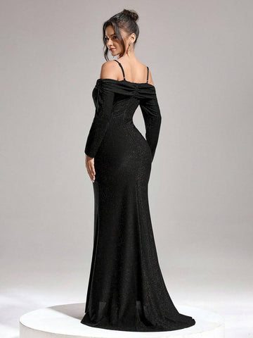 Autumn And Winter Banquet Party Fashion Slim Women's One-Shoulder Shiny Fishbone Super Large Skirt Black Dress, Women's Formal Evening Dress