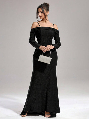 Autumn And Winter Banquet Party Fashion Slim Women's One-Shoulder Shiny Fishbone Super Large Skirt Black Dress, Women's Formal Evening Dress