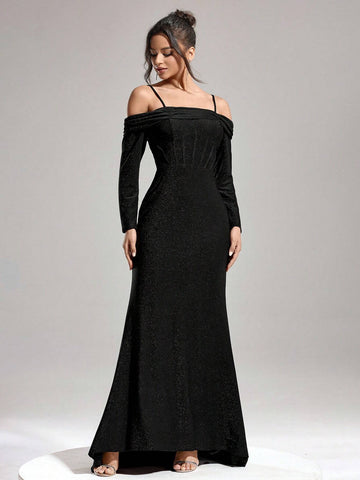 Autumn And Winter Banquet Party Fashion Slim Women's One-Shoulder Shiny Fishbone Super Large Skirt Black Dress, Women's Formal Evening Dress