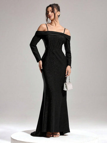 Autumn And Winter Banquet Party Fashion Slim Women's One-Shoulder Shiny Fishbone Super Large Skirt Black Dress, Women's Formal Evening Dress