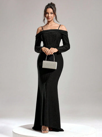 Autumn And Winter Banquet Party Fashion Slim Women's One-Shoulder Shiny Fishbone Super Large Skirt Black Dress, Women's Formal Evening Dress