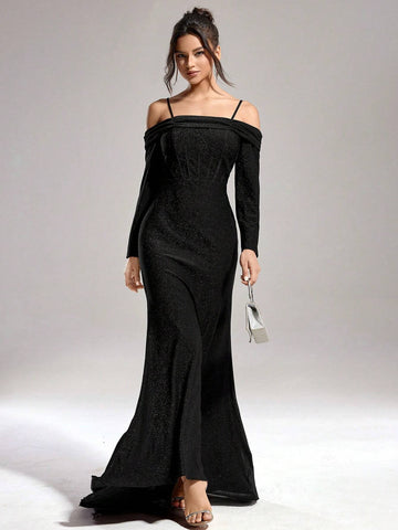 Autumn And Winter Banquet Party Fashion Slim Women's One-Shoulder Shiny Fishbone Super Large Skirt Black Dress, Women's Formal Evening Dress