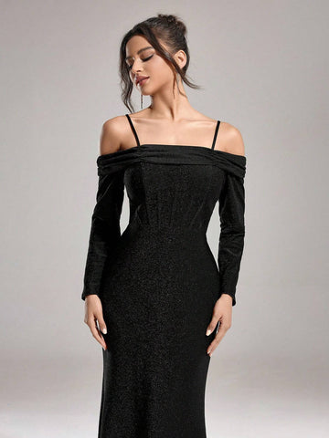 Autumn And Winter Banquet Party Fashion Slim Women's One-Shoulder Shiny Fishbone Super Large Skirt Black Dress, Women's Formal Evening Dress