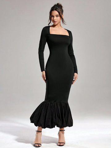 Autumn And Winter Women's Solid Color Elastic Knit Tight Fashion Slim Square Collar Black Banquet Party Different Material Hem Splicing Dress Long Dress (Fabric Super Stretch, Strong Tolerance)