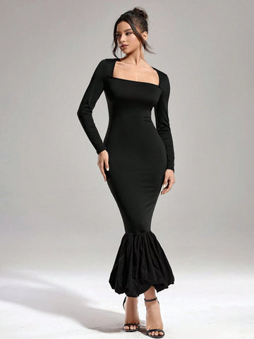 Autumn And Winter Women's Solid Color Elastic Knit Tight Fashion Slim Square Collar Black Banquet Party Different Material Hem Splicing Dress Long Dress (Fabric Super Stretch, Strong Tolerance)
