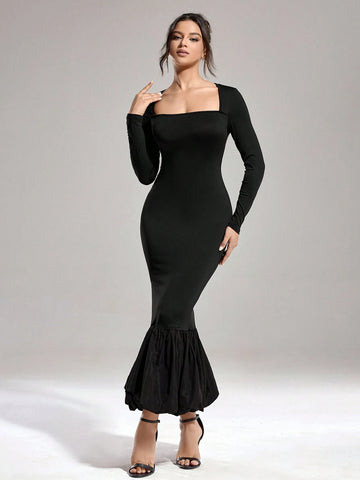 Autumn And Winter Women's Solid Color Elastic Knit Tight Fashion Slim Square Collar Black Banquet Party Different Material Hem Splicing Dress Long Dress (Fabric Super Stretch, Strong Tolerance)