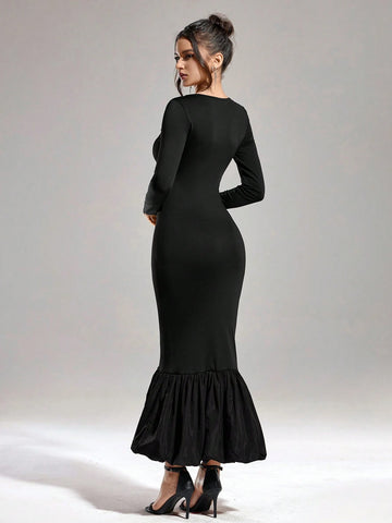 Autumn And Winter Women's Solid Color Elastic Knit Tight Fashion Slim Square Collar Black Banquet Party Different Material Hem Splicing Dress Long Dress (Fabric Super Stretch, Strong Tolerance)