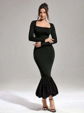 Autumn And Winter Women's Solid Color Elastic Knit Tight Fashion Slim Square Collar Black Banquet Party Different Material Hem Splicing Dress Long Dress (Fabric Super Stretch, Strong Tolerance)
