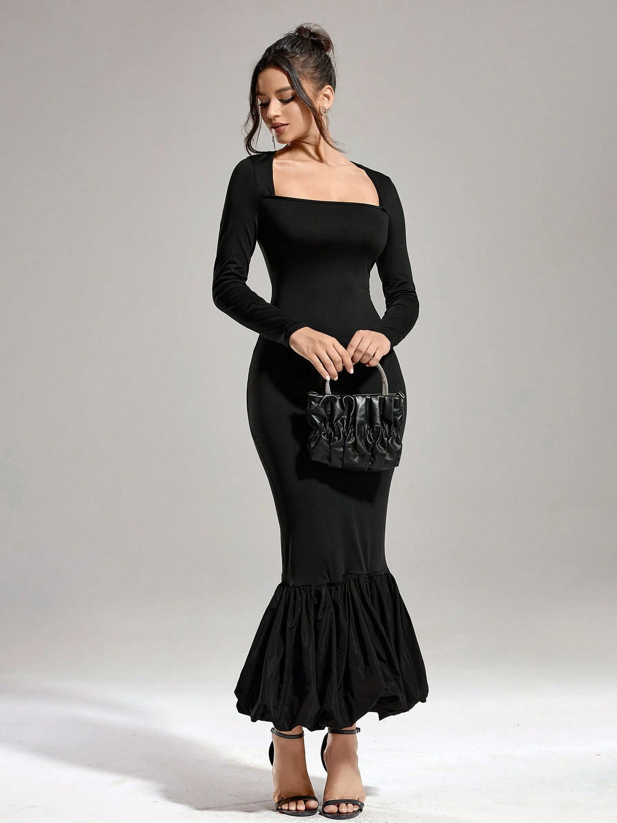 Autumn And Winter Women's Solid Color Elastic Knit Tight Fashion Slim Square Collar Black Banquet Party Different Material Hem Splicing Dress Long Dress (Fabric Super Stretch, Strong Tolerance)