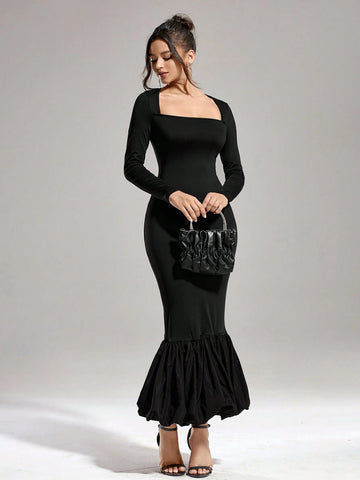 Autumn And Winter Women's Solid Color Elastic Knit Tight Fashion Slim Square Collar Black Banquet Party Different Material Hem Splicing Dress Long Dress (Fabric Super Stretch, Strong Tolerance)