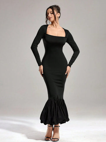 Autumn And Winter Women's Solid Color Elastic Knit Tight Fashion Slim Square Collar Black Banquet Party Different Material Hem Splicing Dress Long Dress (Fabric Super Stretch, Strong Tolerance)