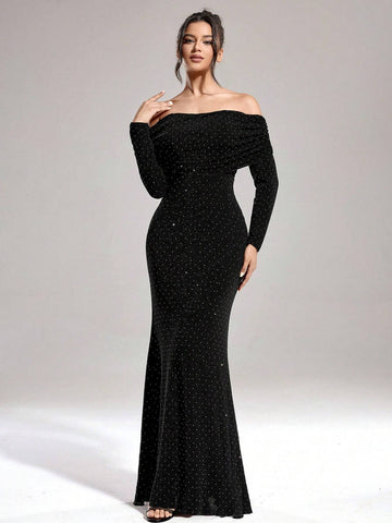 Autumn And Winter Women's Solid Color Hot Diamond Fashion Slim One-Shoulder Banquet Party Long Black Dress, The Fabric Is Super Stretchy And Inclusive