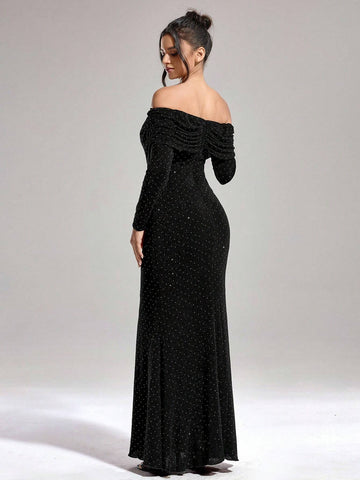 Autumn And Winter Women's Solid Color Hot Diamond Fashion Slim One-Shoulder Banquet Party Long Black Dress, The Fabric Is Super Stretchy And Inclusive
