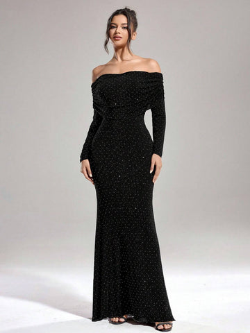 Autumn And Winter Women's Solid Color Hot Diamond Fashion Slim One-Shoulder Banquet Party Long Black Dress, The Fabric Is Super Stretchy And Inclusive
