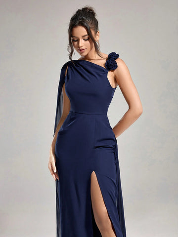 Women's Asymmetrical Neckline 3D Floral Decoration Shoulder Straps Slit Tail Fashion Slim Autumn And Winter Party Luxury Formal Evening Dress