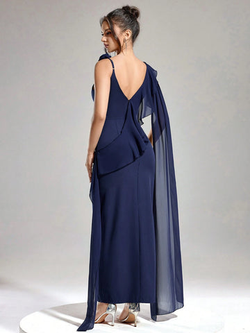 Women's Asymmetrical Neckline 3D Floral Decoration Shoulder Straps Slit Tail Fashion Slim Autumn And Winter Party Luxury Formal Evening Dress