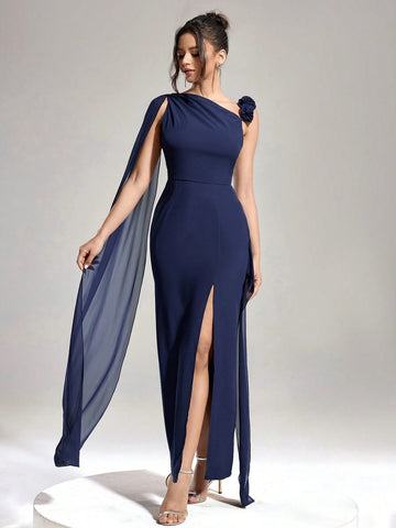 Women's Asymmetrical Neckline 3D Floral Decoration Shoulder Straps Slit Tail Fashion Slim Autumn And Winter Party Luxury Formal Evening Dress