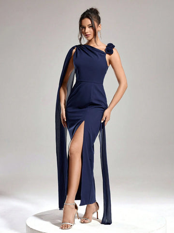 Women's Asymmetrical Neckline 3D Floral Decoration Shoulder Straps Slit Tail Fashion Slim Autumn And Winter Party Luxury Formal Evening Dress