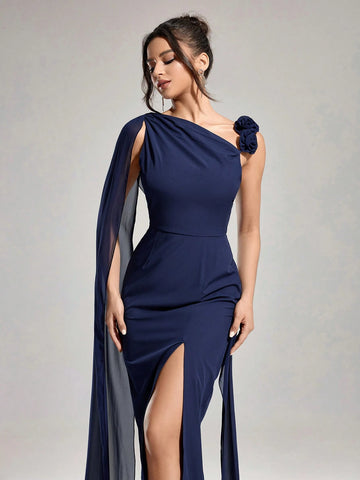 Women's Asymmetrical Neckline 3D Floral Decoration Shoulder Straps Slit Tail Fashion Slim Autumn And Winter Party Luxury Formal Evening Dress