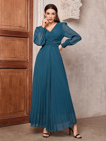 Women's Solid Pleated V-Neck Ball Gown Dress With Oversized Skirt