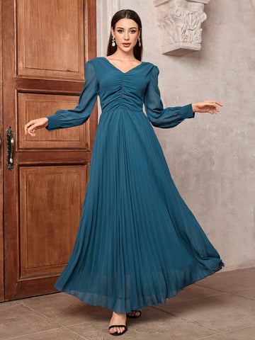 Women's Solid Pleated V-Neck Ball Gown Dress With Oversized Skirt