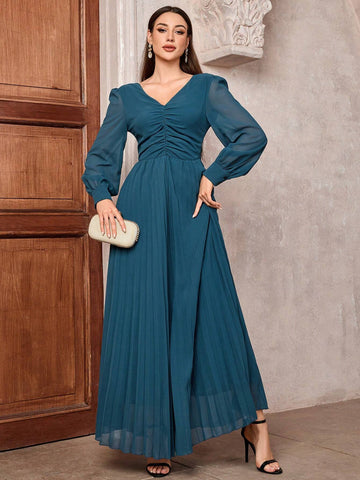 Women's Solid Pleated V-Neck Ball Gown Dress With Oversized Skirt