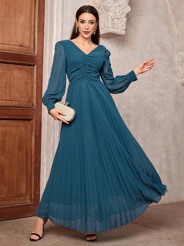 Women's Solid Pleated V-Neck Ball Gown Dress With Oversized Skirt