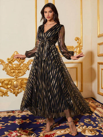 Women's V-Neck Long-Sleeved Mesh Gold-Stamped Printed Women's Ball Gown, Fashionable, Elegant, Gorgeous And Slim