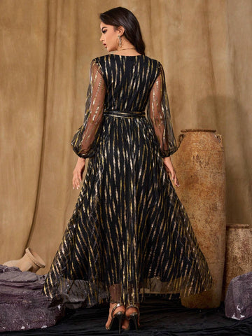 Women's V-Neck Long-Sleeved Mesh Gold-Stamped Printed Women's Ball Gown, Fashionable, Elegant, Gorgeous And Slim