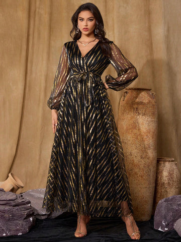 Women's V-Neck Long-Sleeved Mesh Gold-Stamped Printed Women's Ball Gown, Fashionable, Elegant, Gorgeous And Slim